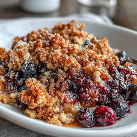 Warm mixed berry crumble with golden oat topping, baked to perfection in a ramekin for a cozy dessert.
