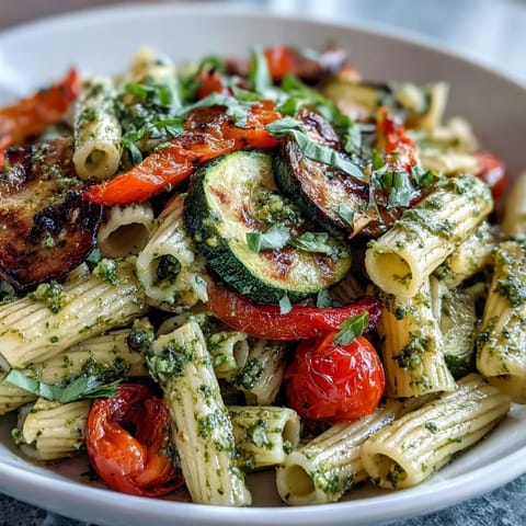Creamy basil pesto coats al dente pasta and roasted veggies, topped with Parmesan for a comforting Italian meal.  