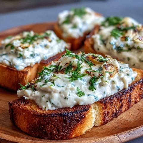 Creamy white bean and roasted garlic spread slathered on golden sourdough toast for a savory appetizer. Rich, velvety texture with fresh thyme and lemon. Perfect for brunch or snacking.