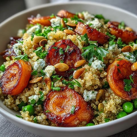 Warm quinoa bowl with roasted carrots and green peas, featuring tender quinoa, caramelized carrots, and vibrant peas drizzled with lemon-Dijon dressing.