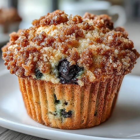 Golden muffins with tangy lemon zest, sweet blueberries, and a buttery sourdough crumb topping, perfect for breakfast or brunch.  