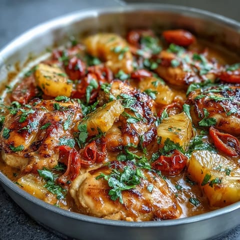 Vibrant one-pot chicken pineapple coconut curry with tender chicken, sweet pineapple, and creamy coconut milk, garnished with fresh cilantro and served over jasmine rice.