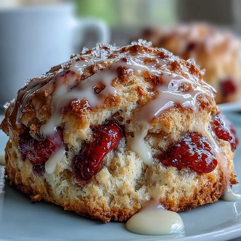 Golden scones bursting with fresh strawberries, drizzled with tangy lemon glaze and served with mixed berries.  