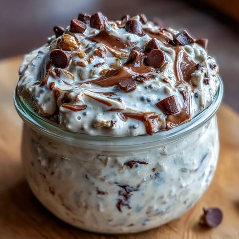 A creamy jar of protein-packed cookie dough overnight oats topped with mini chocolate chips and a drizzle of almond butter.