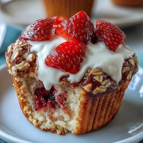 Fresh strawberry muffins with Greek yogurt and oats, golden brown and bursting with juicy berries, ready for a wholesome breakfast.