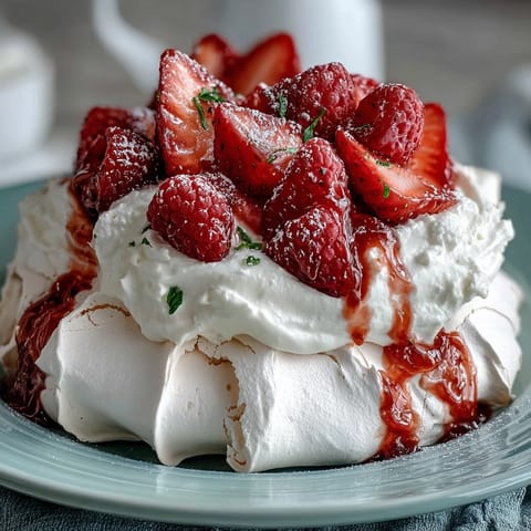 Mini pavlovas with strawberries and cream: crisp meringue shells topped with fluffy whipped cream and juicy red strawberries.