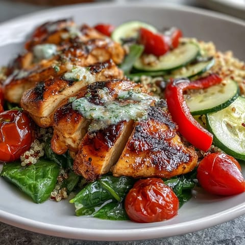 Lemon vinaigrette grilled chicken and veggie bowl featuring quinoa, feta, and fresh herbs for a light, nutritious lunch.  