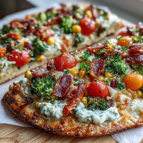 Vibrant St. Patricks Day Rainbow Veggie Flatbread Pizza with fresh mozzarella and colorful bell peppers.