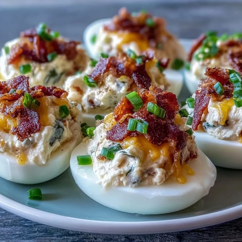 Jalapeño Popper Deviled Eggs with Cream Cheese: creamy, spicy filling topped with crispy bacon and fresh jalapeño slices.