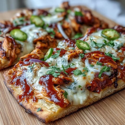 BBQ chicken flatbread pizza with smoky grilled chicken, melted cheese, and fresh cilantro on a crispy crust.  