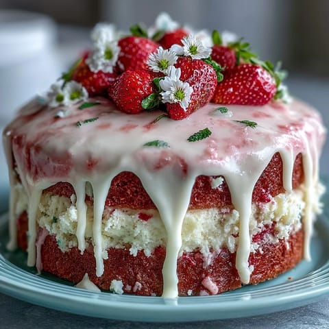 Spring Cake: Floral Drip Cake with Strawberry Frosting - A beautiful vanilla cake with creamy strawberry buttercream and a white chocolate drip, adorned with edible flowers for a stunning spring dessert.