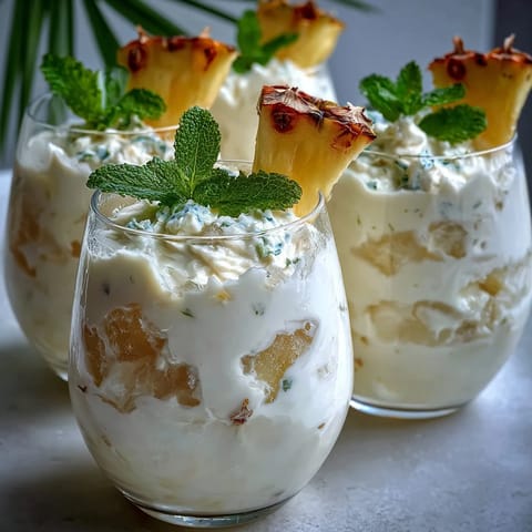 Pineapple Coconut Agua Fresca in a clear glass with ice, garnished with fresh mint and pineapple wedges, tropical and refreshing.