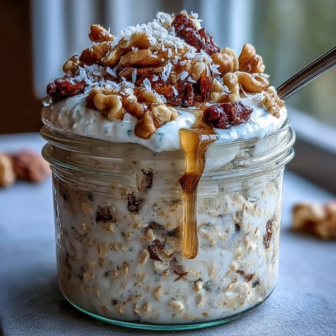 Creamy Carrot Cake Overnight Oats with cinnamon, nutmeg, and crunchy walnuts, served in a jar with a maple syrup drizzle.