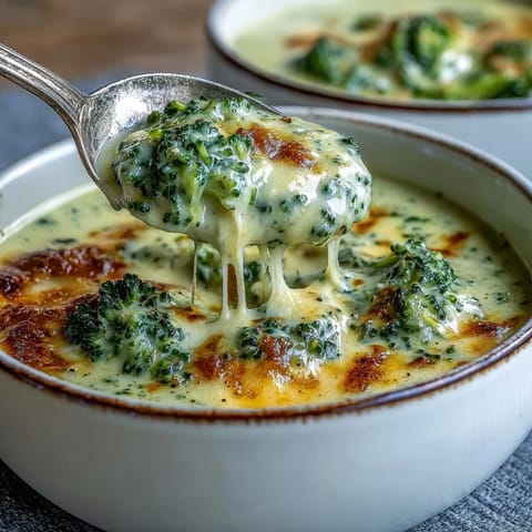 A bowl of creamy broccoli cheddar soup with tender broccoli florets and melted cheese, served with crusty bread.