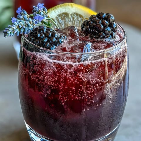 Refreshing Blackberry Lavender Lemonade Fizz, garnished with fresh fruit and herbs.