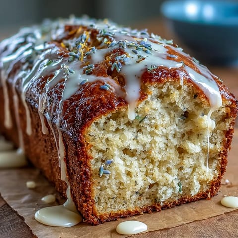 Golden Lemon Lavender Loaf Cake, moist, drizzled with honey glaze.