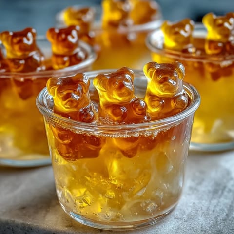 Vibrant Gummy Bear Lemonade Jelly Cups with colorful bears suspended in refreshing lemon jelly.