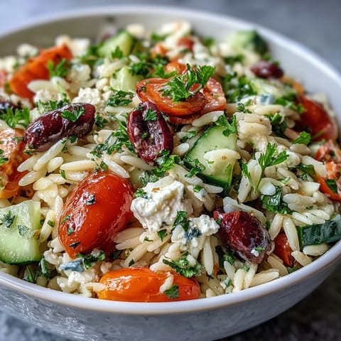 Bright Summer Orzo Salad with Feta and Lemon bursting with fresh vegetables.
