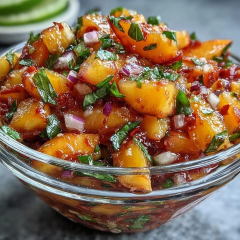 Vibrant Fricy Peach Jalapeño Salsa topping grilled fish with fresh, sweet-spicy flavors.