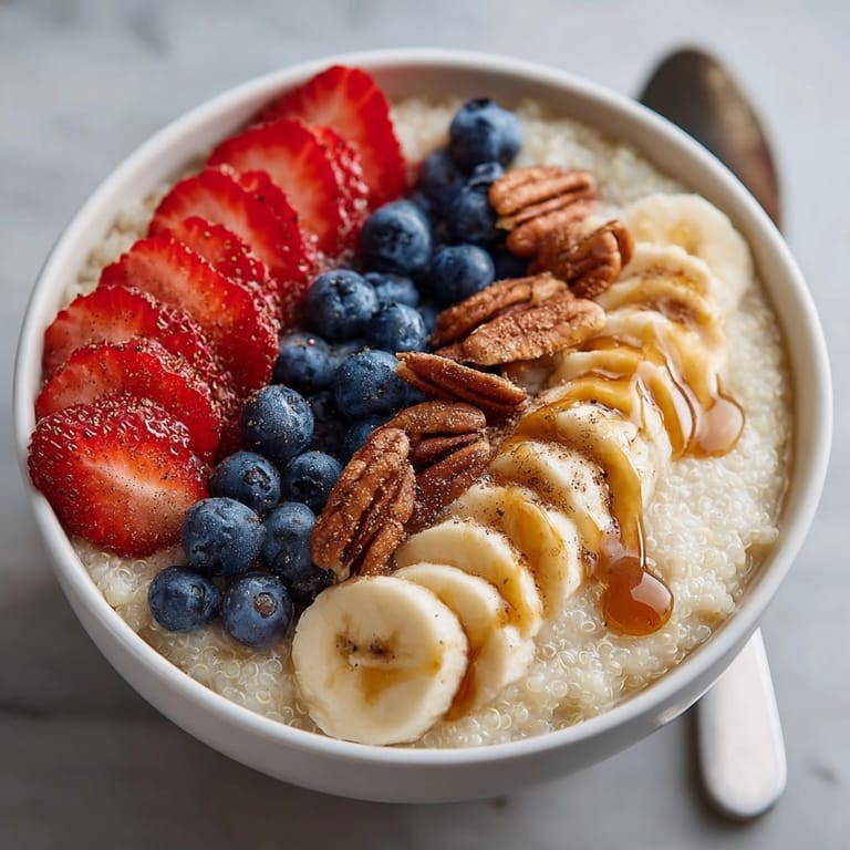 Close-up of sweet and nutty Vanilla Maple Quinoa Breakfast Bowl, perfect for brunch.