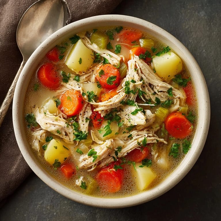 Homemade Hearty Chicken & Vegetable Soup recipe: flavorful broth with tender chicken pieces.