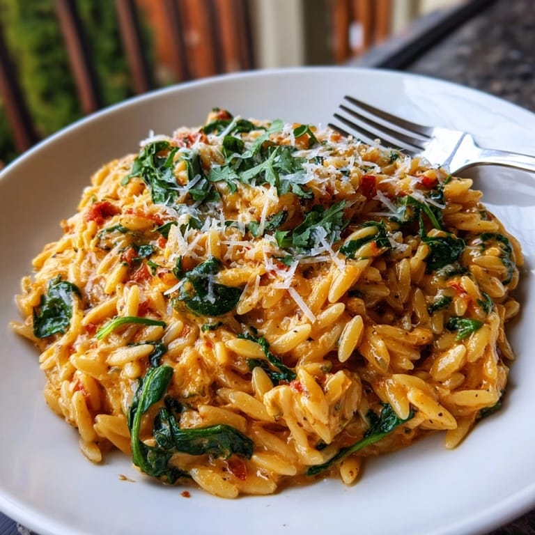 Comforting Creamy Tomato and Spinach Orzo, simmered until tender and topped with fresh basil.