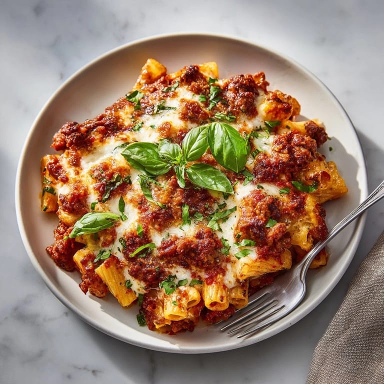 A delicious pan of baked ziti; mozzarella is melted for a family dinner recipe.
