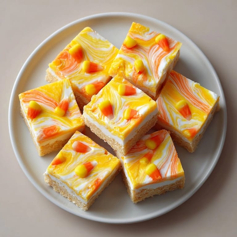 Close-up shows yellow, orange, and white layers of homemade Candy Corn Fudge Swirl.