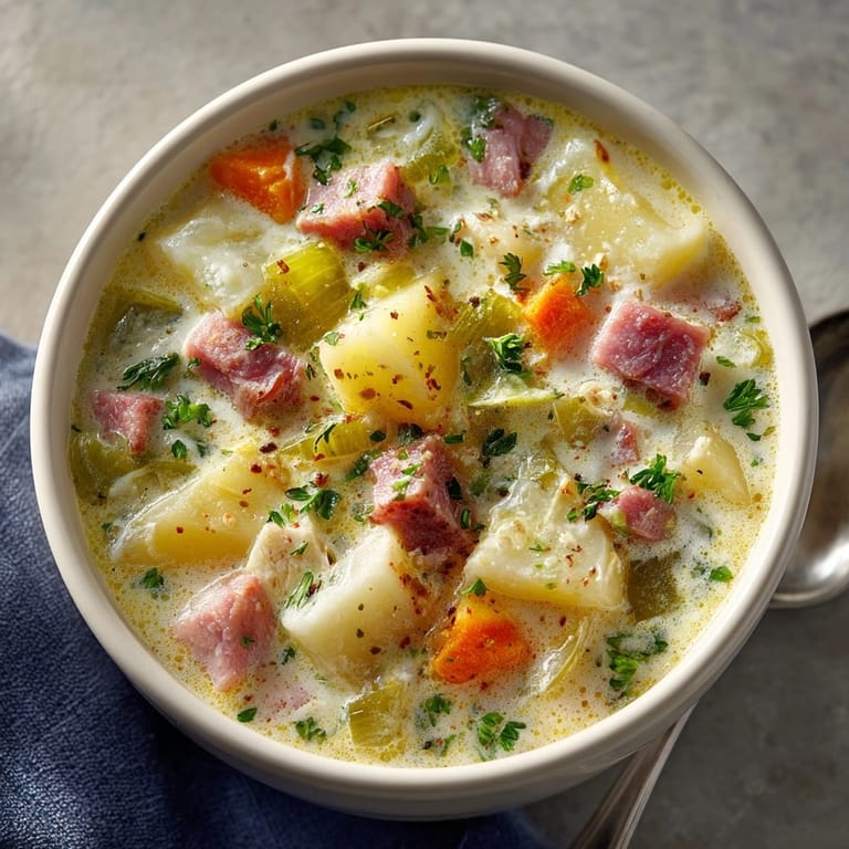 Homemade Ham & Potato Soup recipe showing a hearty, flavorful one-pot meal, family-style.
