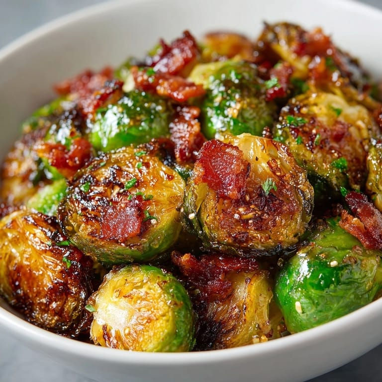 Close-up of crisp Maple Bacon Roasted Brussels Sprouts, a savory and sweet autumnal side.