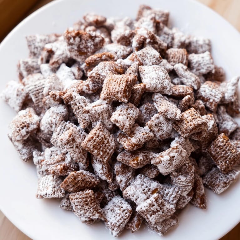 Close-up view of chocolate peanut butter Puppy Chow, ready to serve at your party.
