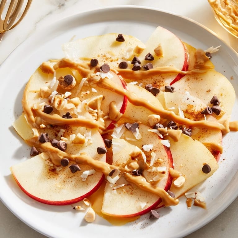 Golden Apple Nachos piled high with peanut butter, chocolate chips, and crunchy nuts.