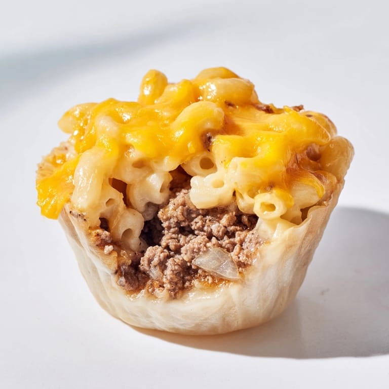 Close-up of gooey Mac and Cheese Cheeseburger Cups revealing meaty filling, tempting for dinner.