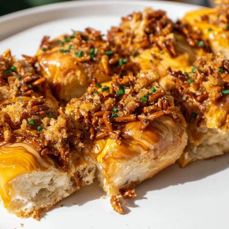 Flaky biscuit bars topped with crunchy pretzels, perfect for savory snack lovers.