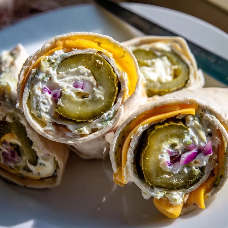 Colorful Pickle-in-a-Blanket bites with cheddar and dill, a fun appetizer option.