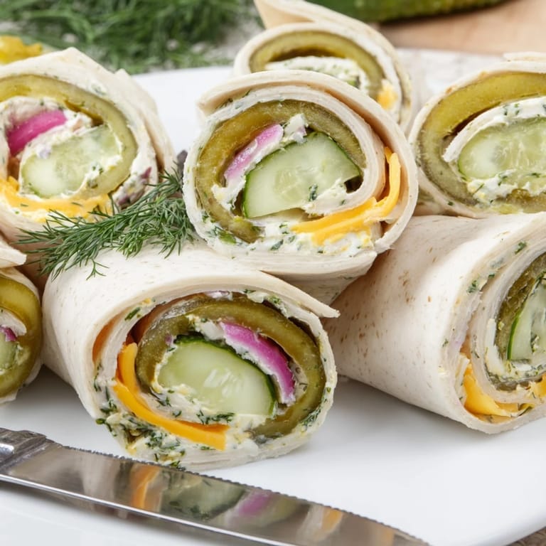 Deliciously creamy Pickle-in-a-Blanket wrapped in soft tortillas, ideal for picnics.  