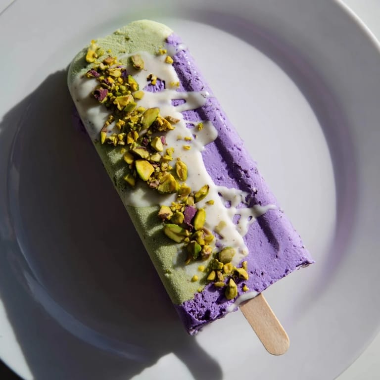 Vibrant ube and nutty pistachio ice cream bars, perfect for summer gatherings.  