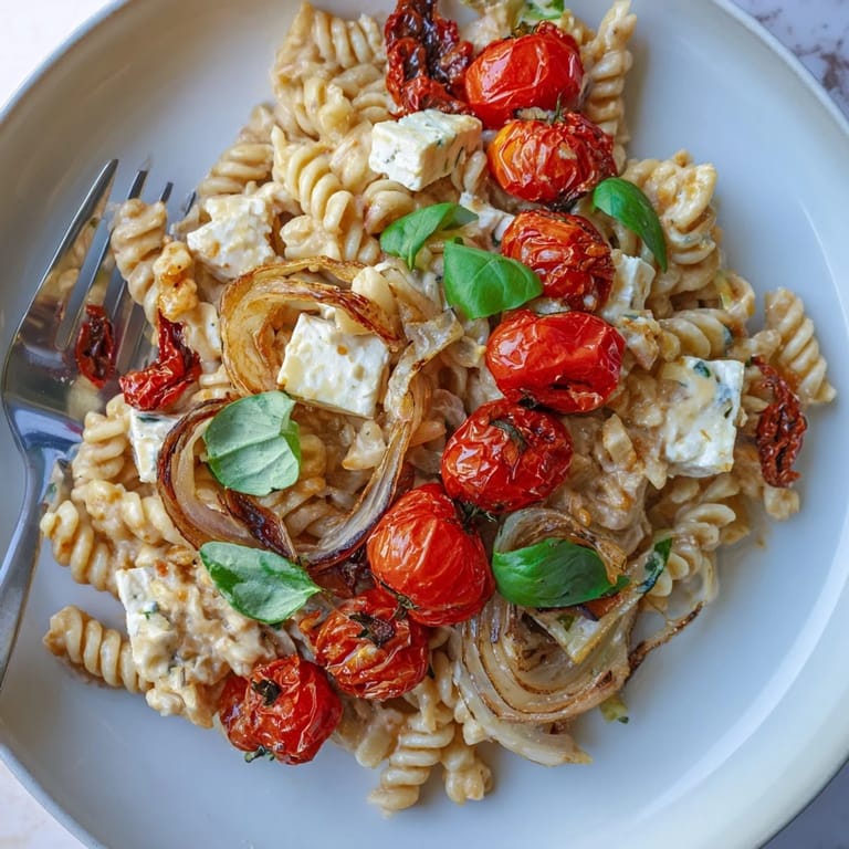 Savory Baked Feta Pasta served with fresh basil, bursting with Mediterranean flavors and tidbits.  