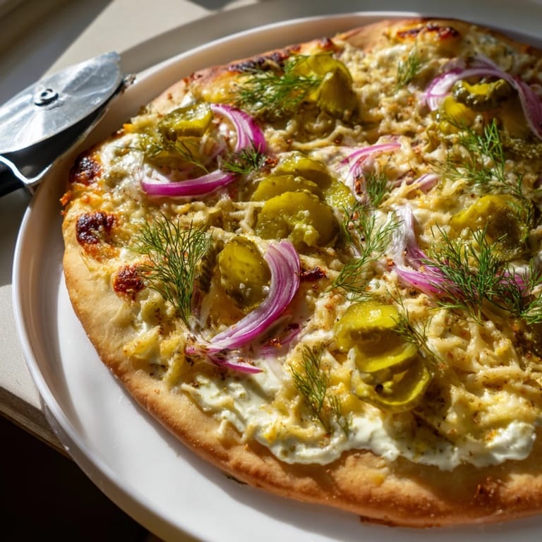Golden-brown Pickle Pizza, bubbling with cheese and garnished with fresh dill.