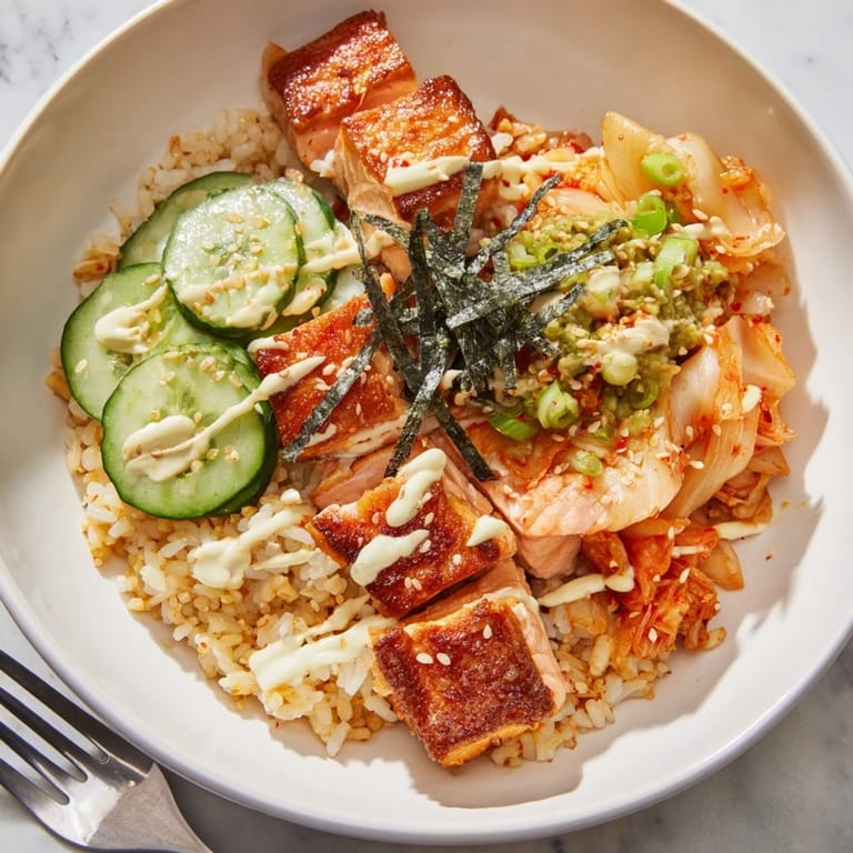 Deliciously golden crispy salmon served atop fluffy rice and fresh vegetables.  