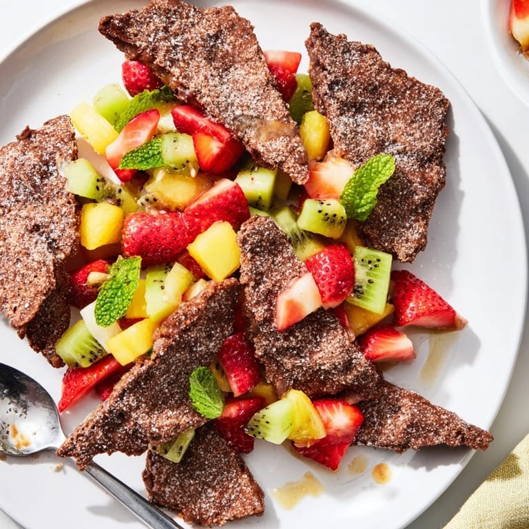 Delicious dessert chips & salsa featuring sweet chocolate and fresh vibrant fruits.  