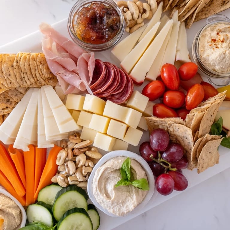 A fun and colorful Girl Dinner Platter featuring creamy cheeses and fresh veggies.  