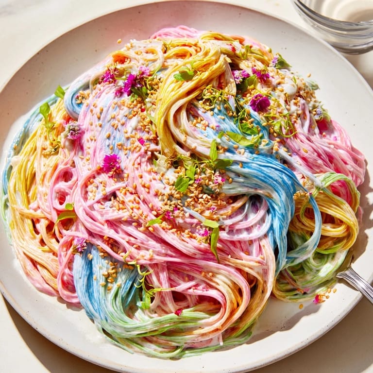 Vibrant Neon Noodle Cloud with edible flowers, showcasing a whimsical rainbow of colors.  