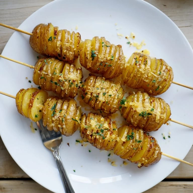 Golden brown Air-Fryer Tornado Potatoes on skewers, garnished with parsley and cheese.  