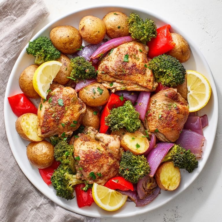 Delicious Lazy Gourmet Chicken & Vegetable One-Pot served with fresh lemon wedges.