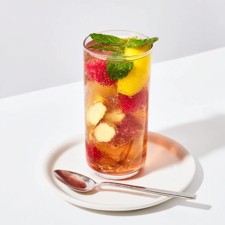 This homemade kombucha-style mocktail features bright citrus slices and aromatic herbs.