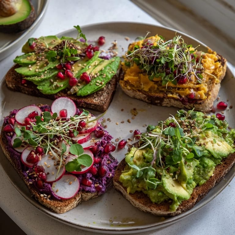 Colorful breakfast toasts featuring creamy ube and fresh avocado, garnished beautifully.  