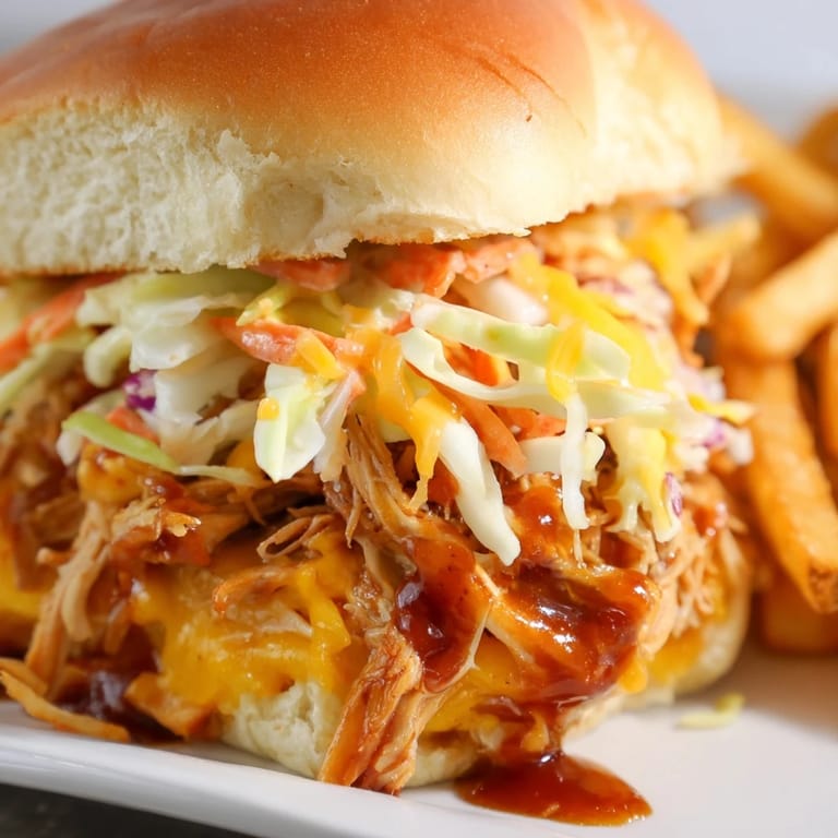 Mouthwatering BBQ chicken sliders nestled in soft buns, paired with crispy fries.  