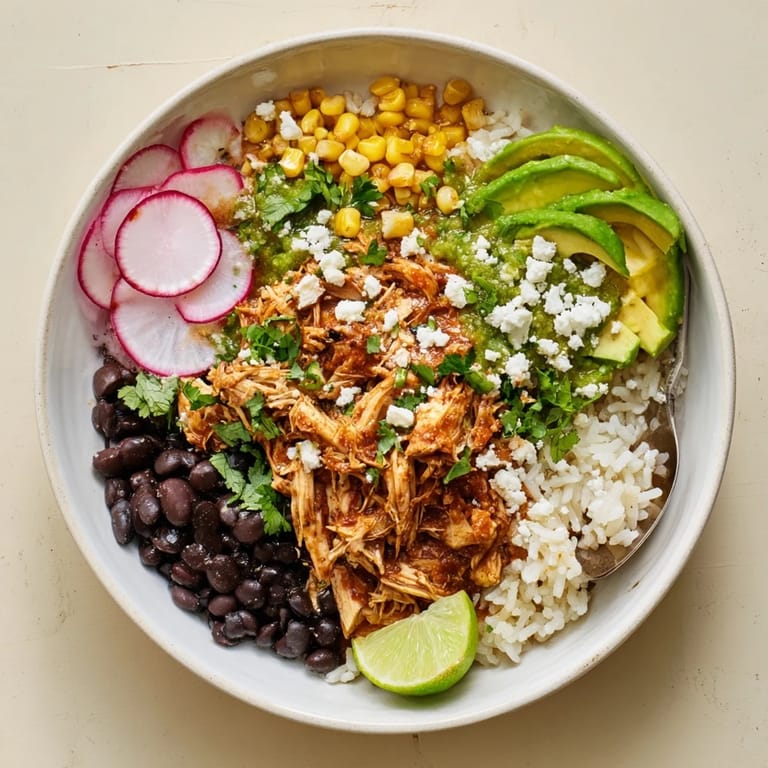 Warm and zesty Green Enchiladas Rice Bowl garnished with radishes and lime wedges.  