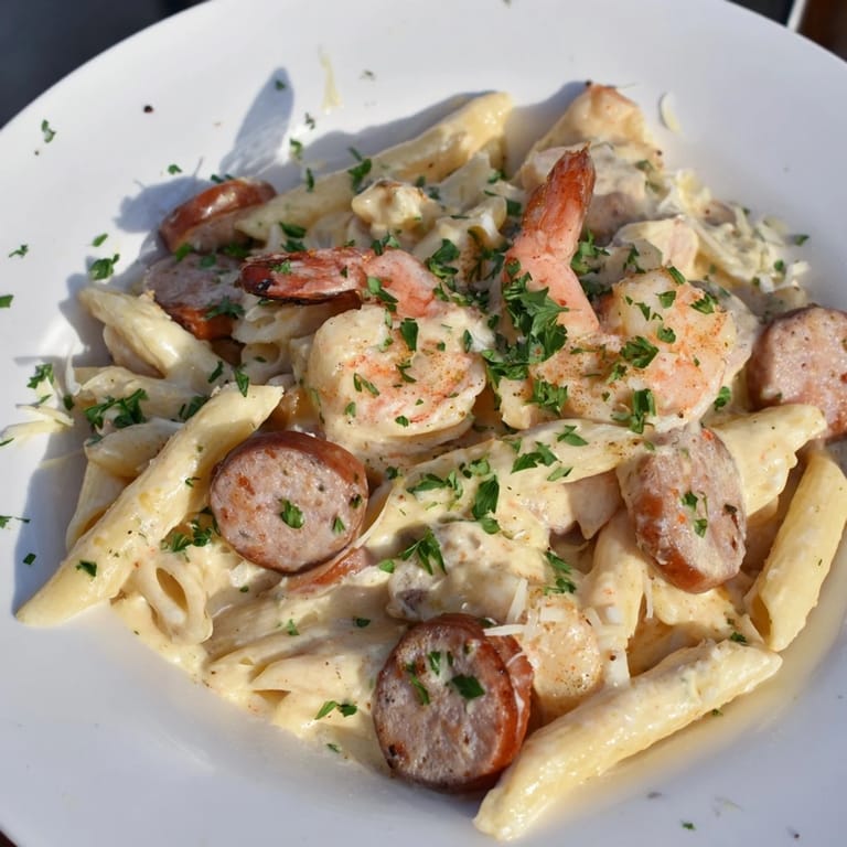 This vibrant photo features a delicious Cajun Sausage & Shrimp Alfredo Pasta Skillet, ready for serving with fresh parsley.